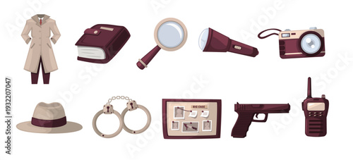 Detective icon set, detective investigation tools icon set vector illustration, investigator or Inspector vector set, isolated on white background