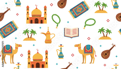Vibrant Middle Eastern Culture Seamless Pattern with Mosque Camel Palm Tree Quran and Prayer Beads for Ramadan Eid Celebration