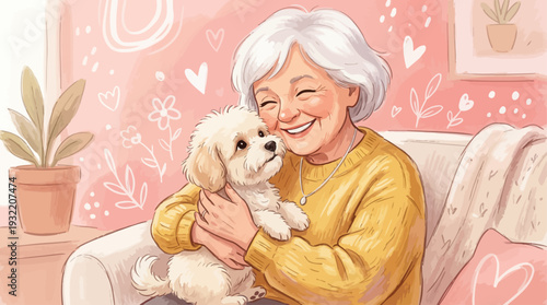 Happy Elderly Woman Hugging Cute Dog – Warm Pastel Illustration Art