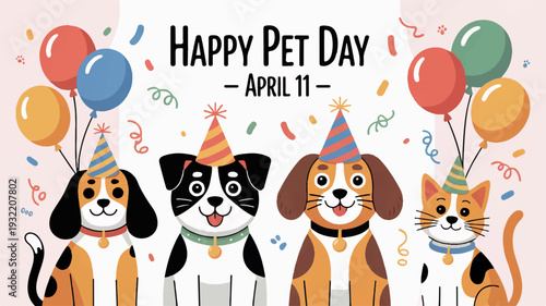 Happy pet day celebration with dogs and cat wearing party hats and balloons