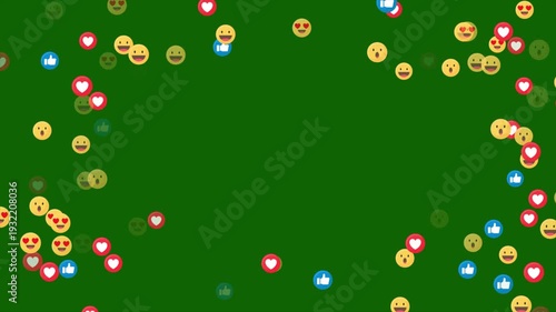Social media live streaming with Like, heart and emoji icon animation overlay. Stream reactions in social media on green screen background