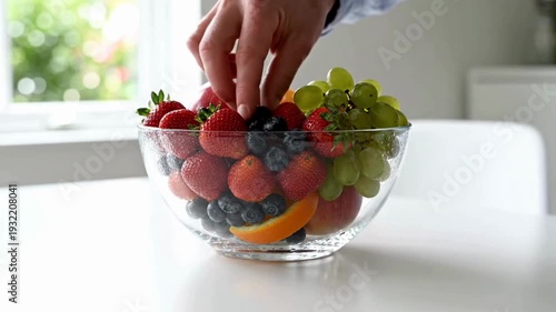 Close-up on a glass bowl filled with fresh fruits being placed on a clean white table