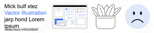 Technology, workspace, emotions, user interface design, digital tools, feedback. A webpage interface, a potted plant and a sad face icon. Technology and emotions ion for various contexts