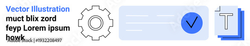 Workflow automation, digital processes, system integration, data verification, task management, productivity tools. Gear, lines checkmark stacked documents. Workflow automation and digital
