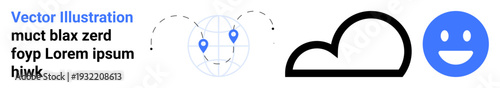 Geolocation, technology, communication, cloud data, emotions, internet interaction. A globe with pins, a cloud shape and a smiling face icon. Geolocation and technology concepts