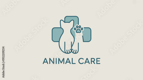 Veterinary care logo with a cat and paw print in a blue cross on beige background for animal health services