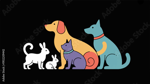 Colorful pets sitting together dog cat rabbit animal friends companions black background simple illustration