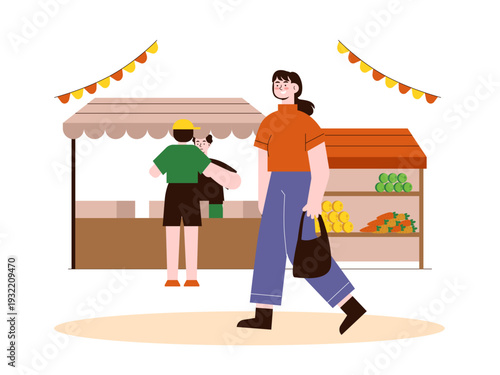 A woman walking with a shopping bag and a vendor working at a stall. Indonesian market illustrations. Flat vector concept.
