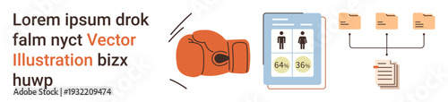 Data analytics, competitive analysis, demographics, file management, business strategies, data-driven insight. Boxing glove, infographic on tablet and file structure illustrations. Competitive