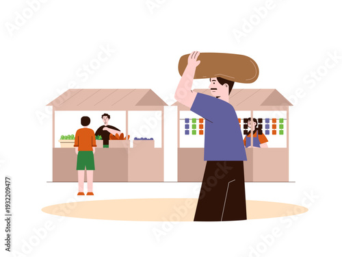 A person is seen carrying a heavy load on his head or transporting goods in a traditional market. Indonesian market illustrations. Flat vector concept.