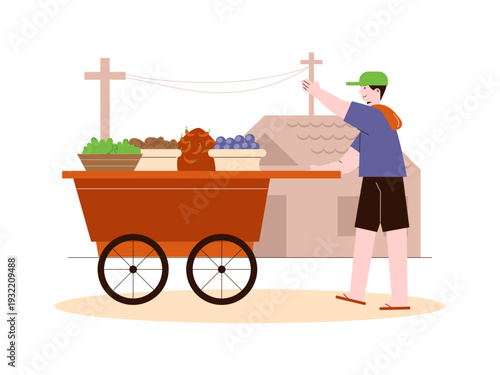 An Indonesian street vegetable vendor is selling vegetables and fruits from a wooden cart. Indonesian market illustrations. Flat vector concept.