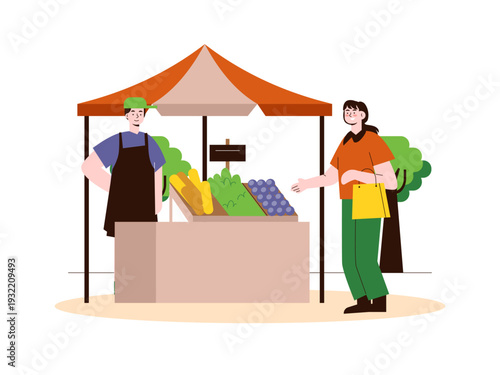 A lively farmers market scene where a vendor is selling fresh produce to a customer. Indonesian market illustrations. Flat vector concept.