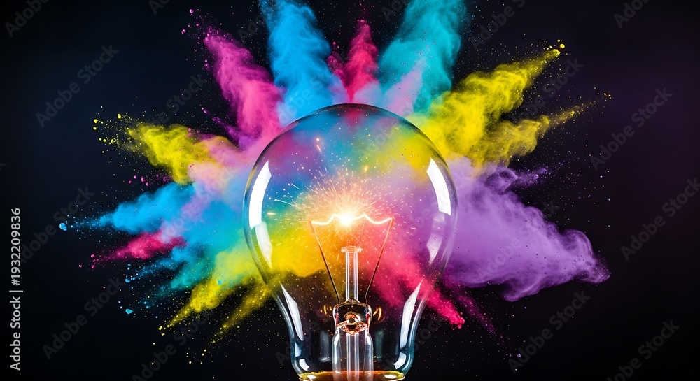 Obraz premium Illuminated glass globe explodes with vibrant colored powder against a dark background