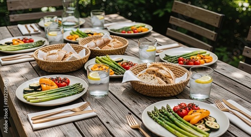 Outdoor Dining Experience with Grilled Vegetables and Fresh Bread on a Rustic Wooden Table.