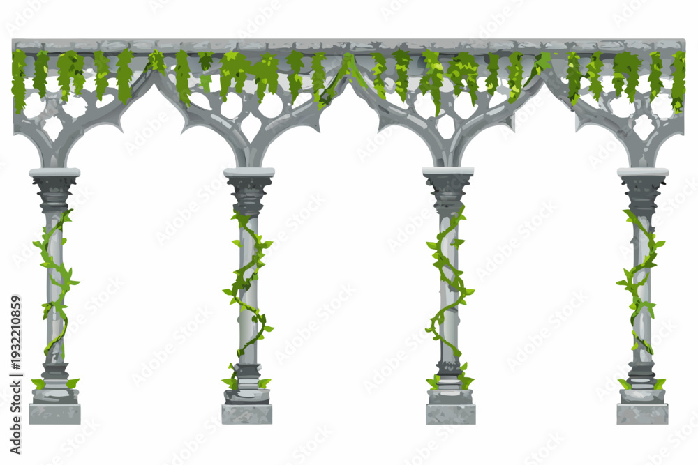 Obraz premium Ancient stone arcade with lush green vines and detailed architectural features
