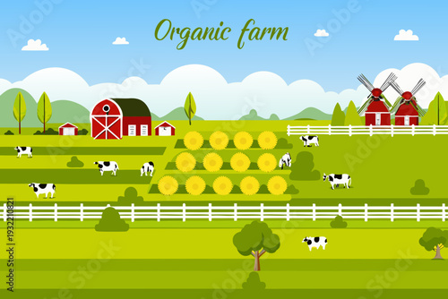 A colorful illustration depicts an idyllic organic farm scene with crops