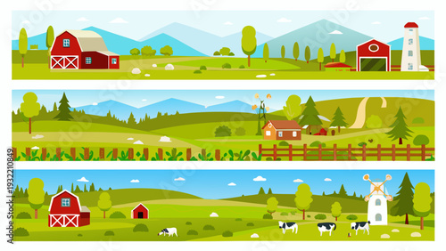 Cartoon farm landscape with barns fields and mountains in the background
