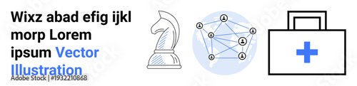 Business strategy, digital connectivity, healthcare, innovation, professional services, teamwork. A horse chess piece, a connected network diagram and a medical kit with a cross. Business strategy