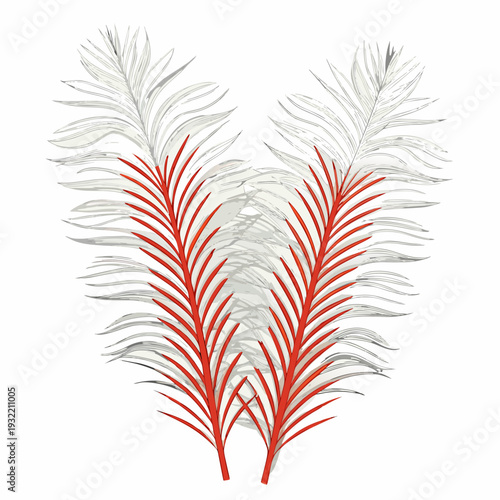 Stylized tropical palm leaves in red gray and white hues