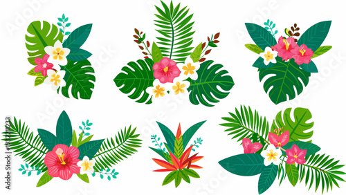 Tropical floral arrangements with monstera hibiscus and other lush foliage