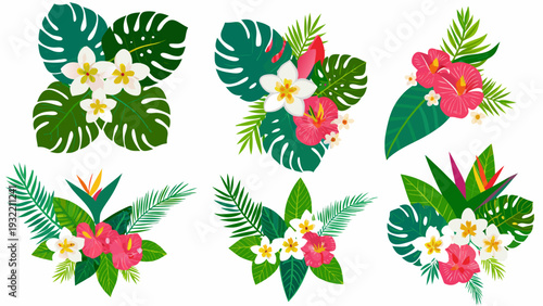 Tropical floral arrangements featuring monstera leaves and vibrant hibiscus blooms