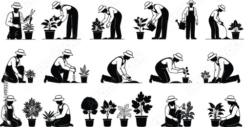 Black and white vector silhouettes of gardeners planting, watering, and pruning potted plants for gardening hobby, horticulture, and botanical set.