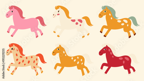 Colorful cartoon horses in various poses and shades are displayed