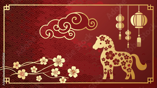 A vibrant red and gold design celebrating the year of the horse