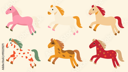 Stylized illustration of six colorful horses in various poses