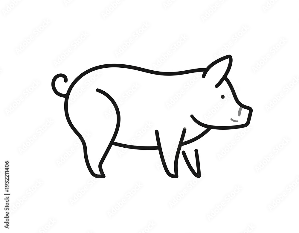 Fototapeta premium Simple line drawing of a pig, facing right, with a curly tail, set against a plain white background
