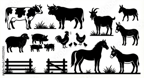 Collection of farm animals including cows, sheep, pigs, chickens, horses, goats, and donkeys with farm fence illustrations in silhouette