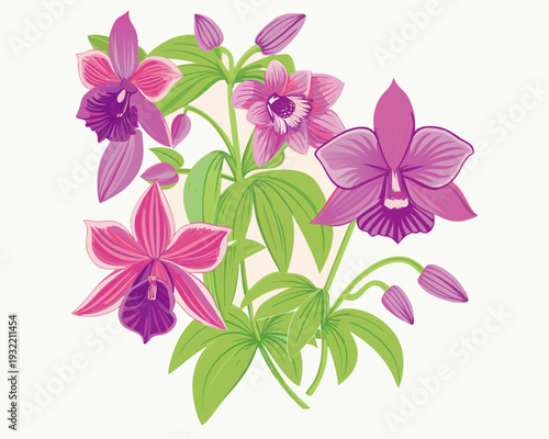 A vibrant bouquet of pink and purple orchid blossoms and green leaves