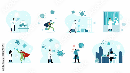 Illustrations depicting scientific research healthcare workers and virus prevention