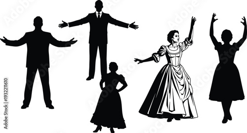Collection of elegant performer silhouettes and detailed Victorian era theater characters for stage arts, musical drama, and classic opera design.