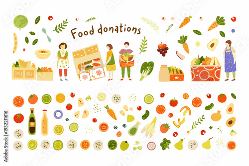Illustrative depiction of food donations and fresh produce arrangements