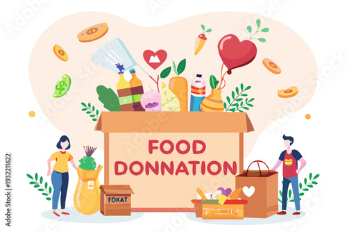 A colorful illustration depicting a food donation box with volunteers