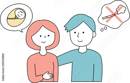 赤ちゃんを望む女性と禁煙を決意する男性単色