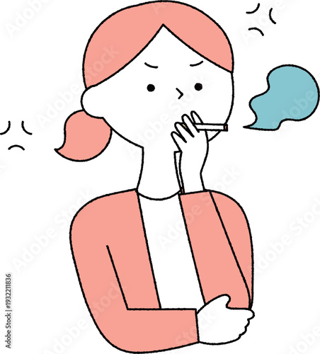 イライラしながらタバコを吸う女性単色