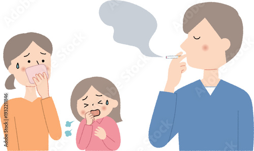 タバコを吸うお父さんと煙に苦しむ家族