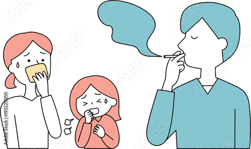 タバコを吸うお父さんと煙に苦しむ家族単色