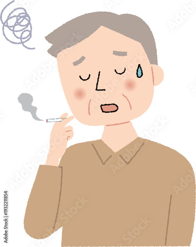 落ち込みながらタバコを吸うシニア男性