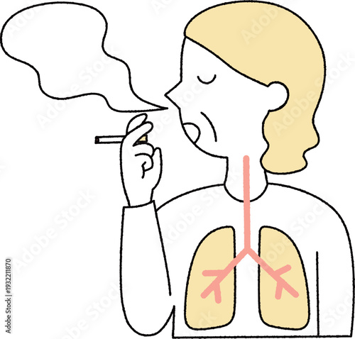 タバコを吸うシニア女性の煙と肺単色