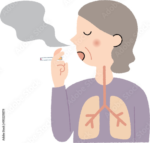 タバコを吸うシニア女性の煙と肺