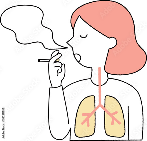 タバコを吸う若い女性の煙と肺単色