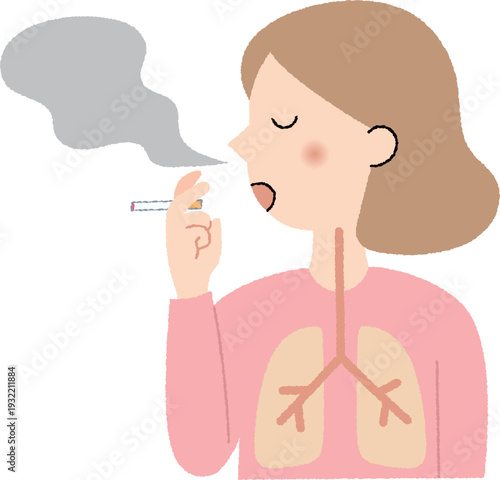 タバコを吸う若い女性の煙と肺