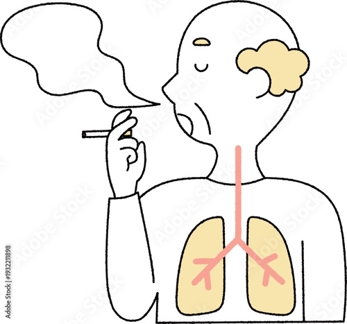 タバコを吸うシニア男性の煙と肺単色