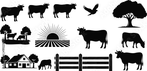 Farm Silhouette Vector Set with Cows Grazing Near Rural House Fence Trees and Sunrise Over Agricultural Field Landscape for Ranch Branding