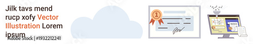 Cloud storage, digital credentials, online learning, secure data, e-certification, remote education. A digital certificate, a computer and a cloud graphic. Cloud storage and digital credentials idea