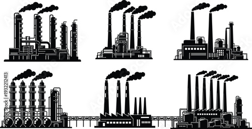 Industrial factory plant set with oil refinery silhouette icons including smoke stacks chimneys power generation manufacturing buildings and chemical engineering equipment.