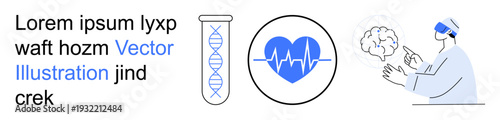 Genetic research, heart health, AI technology, telemedicine, medical innovation, future medicine. Test tube with DNA helix, heart with pulse line and doctor using VR headset. Genetic research